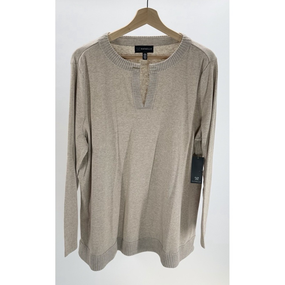 Rafaella Women Split Neck Beige Oatmeal Heather Long Sleeve Sweater Plus Size 1X
